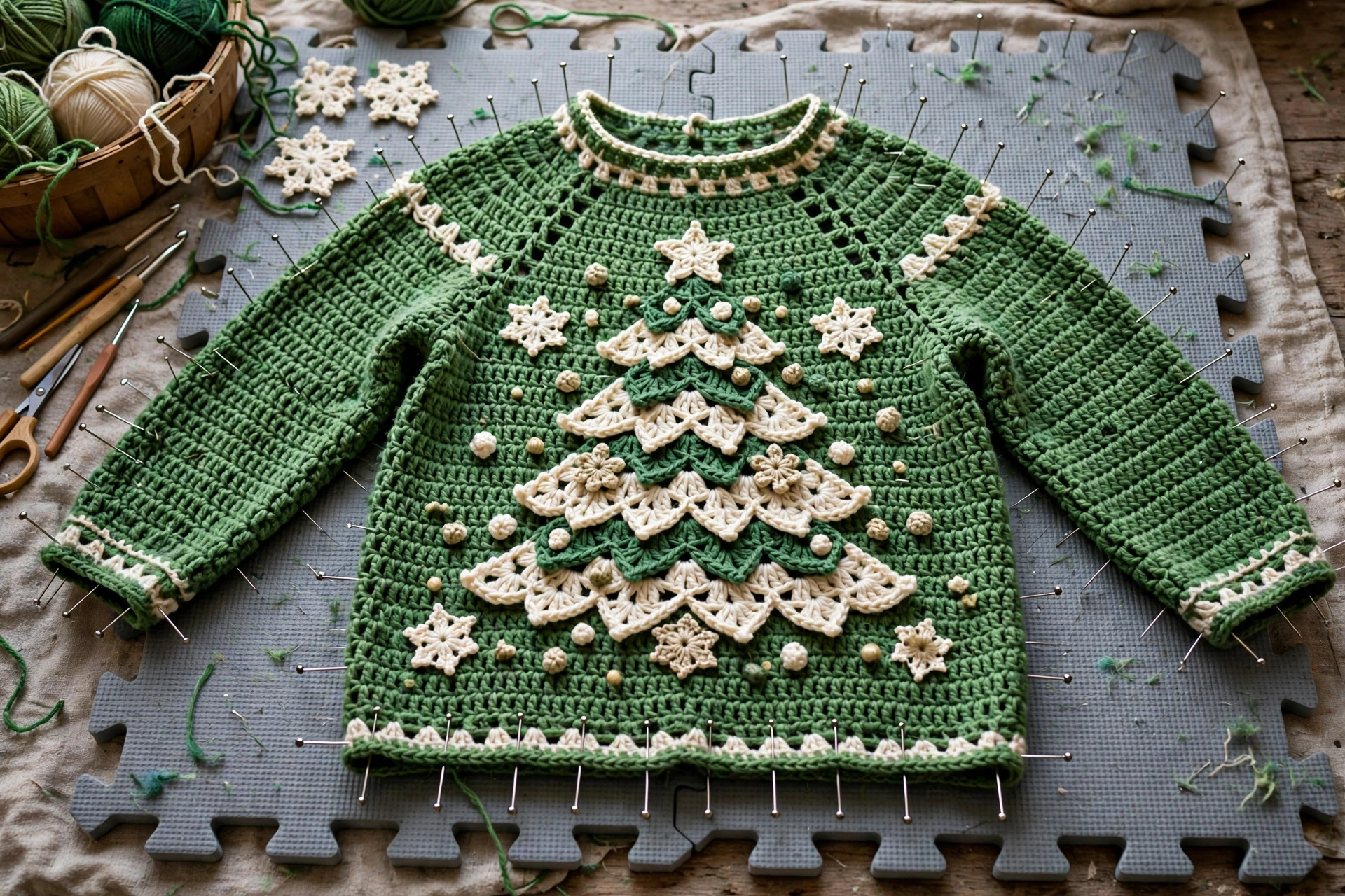 Blocking the finished Christmas jumper flat on blocking mats