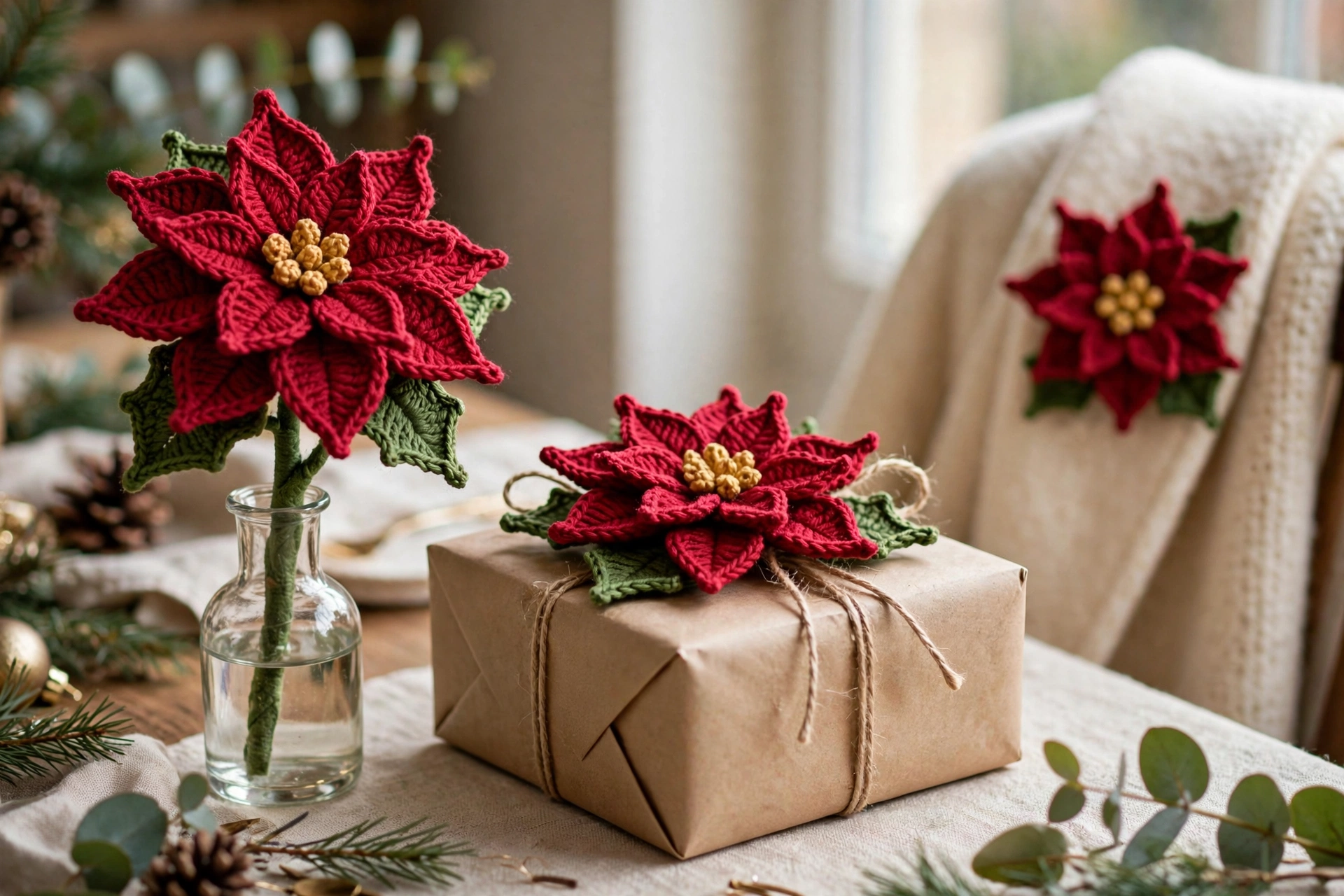Finished flower from the poinsettia crochet flower pattern shown as a brooch and tied to a wrapped Christmas gift