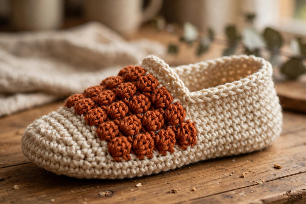 Finished braid band and reverse crochet cuff edge on the braid stitch slippers crochet pattern
