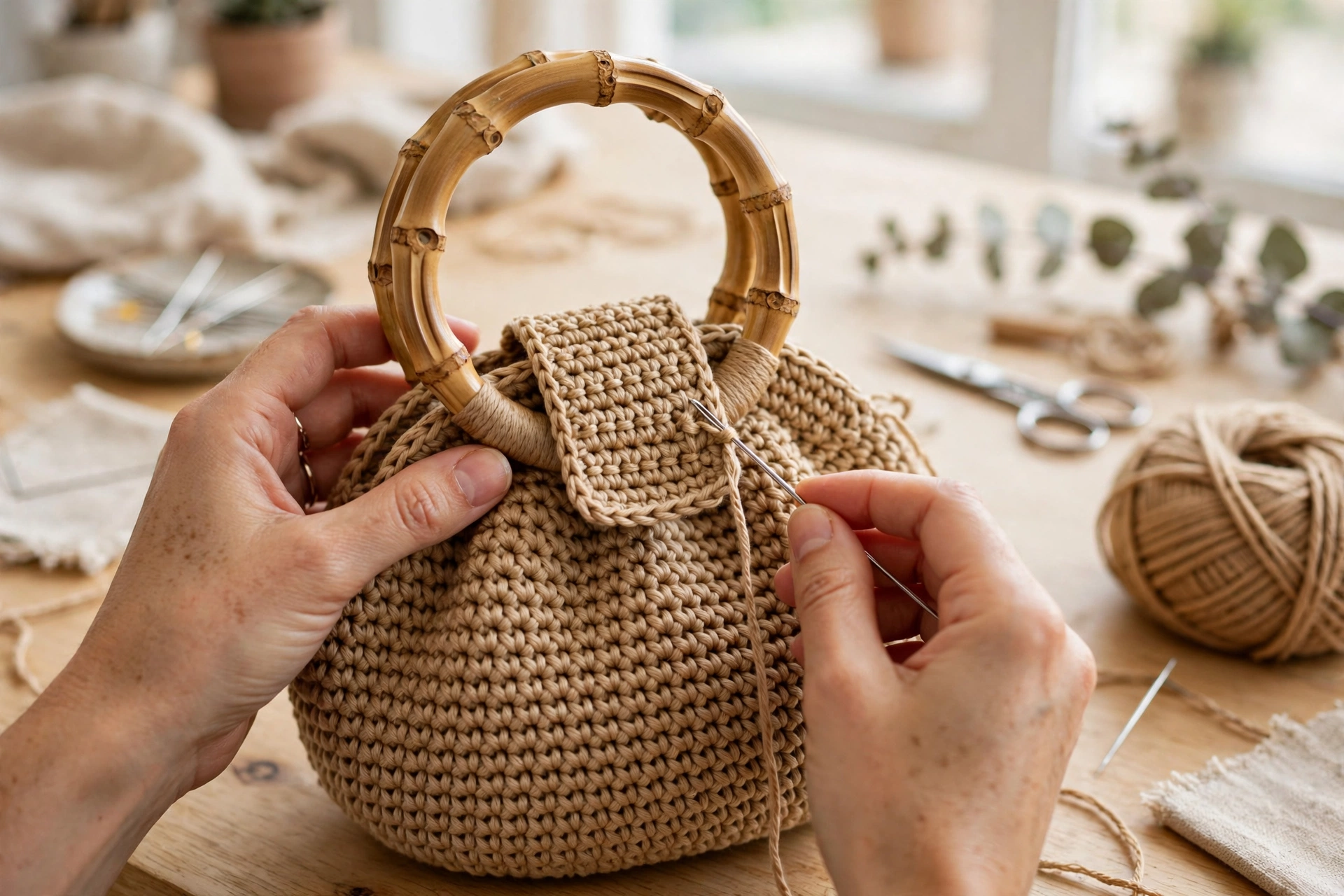 Attaching a bamboo handle with a crocheted tab on the elegant crochet handbag pattern