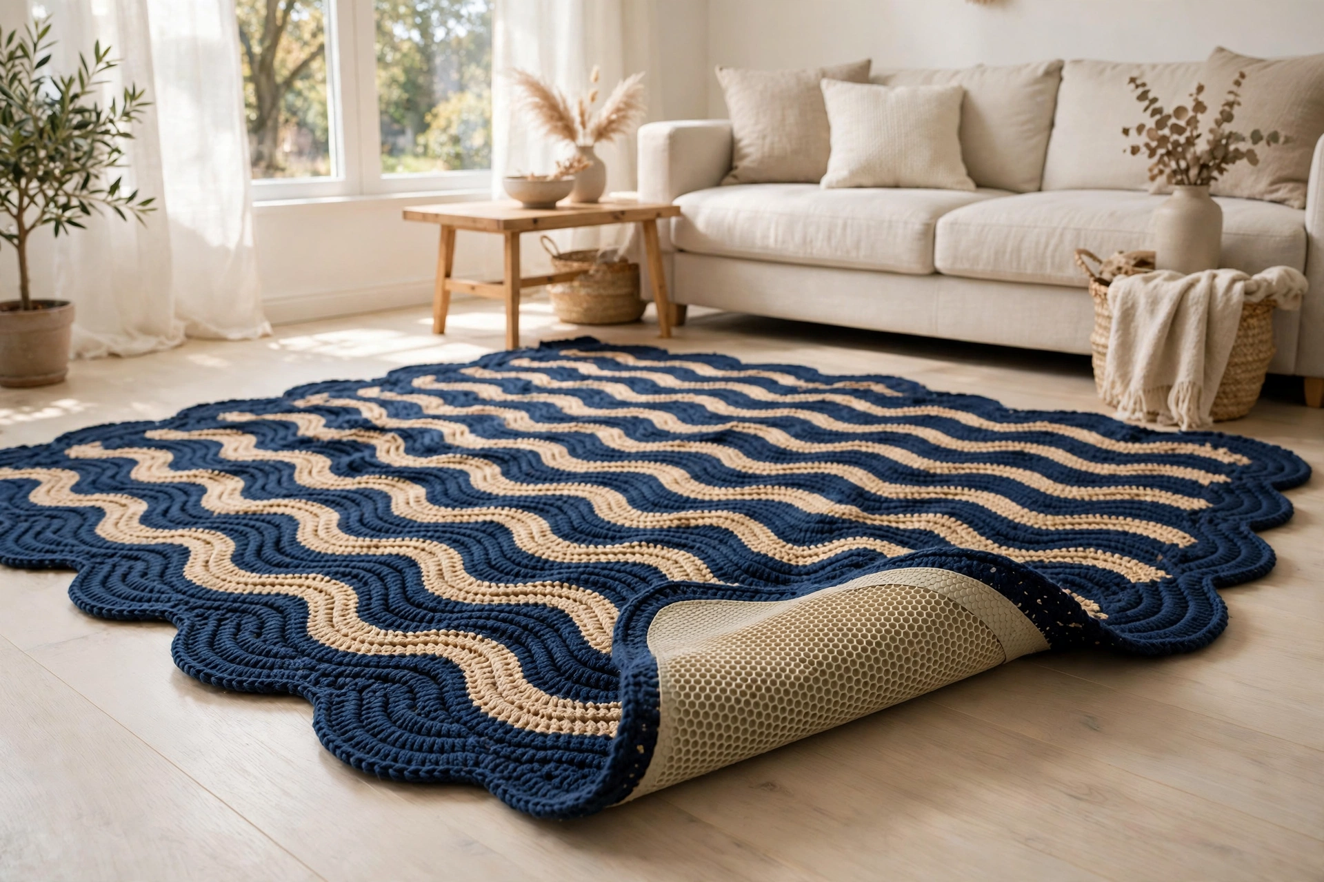 Finished wave carpet crochet pattern rug in place with a non-slip pad under one corner