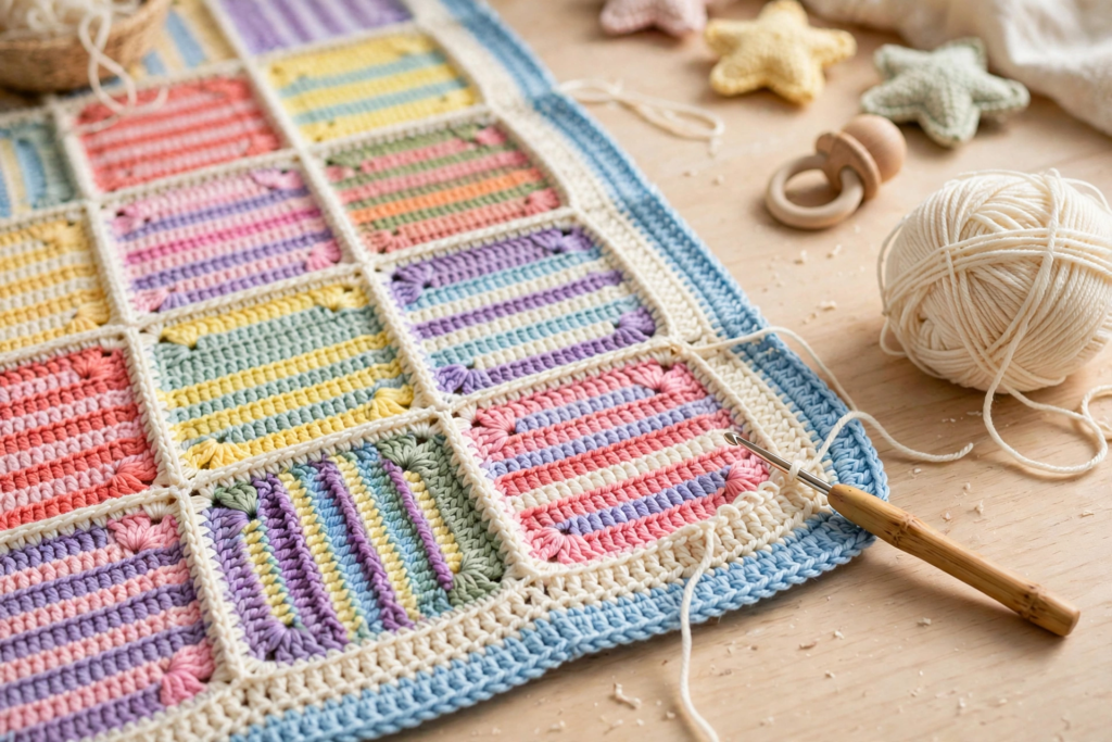 The striped border being worked around the edge of the stripy motif crochet pattern baby blanket