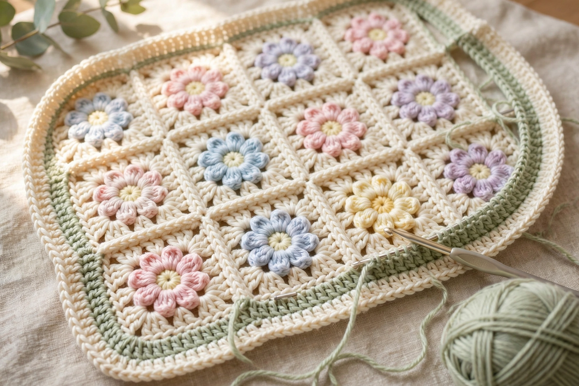 Working the border rounds around the joined flowers blanket crochet pattern