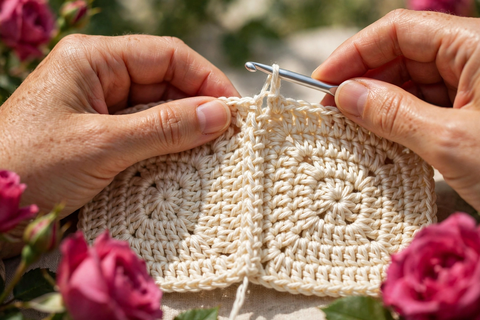 Joining two squares with back-loop slip stitches in the rose square blanket crochet pattern
