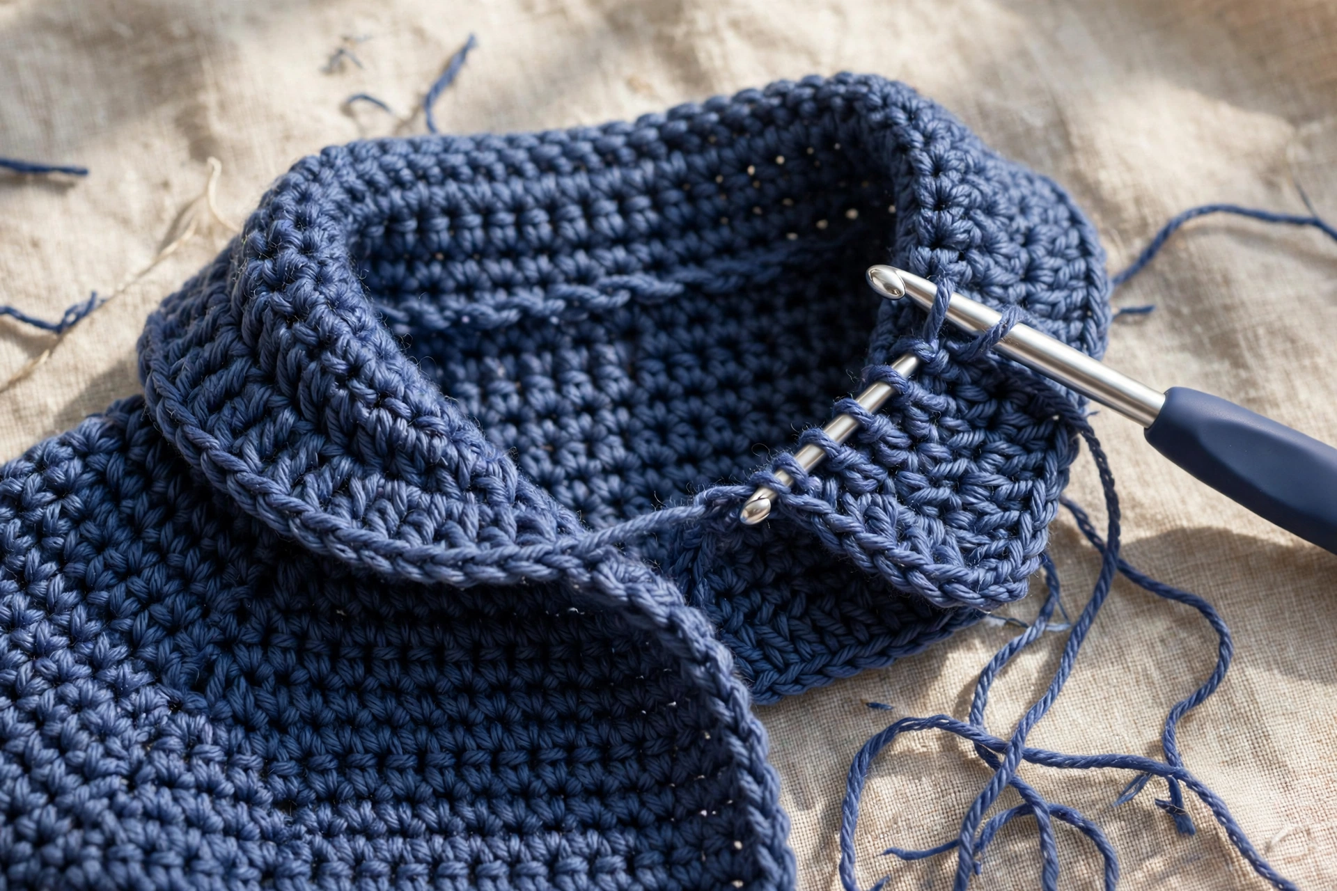 Crocheting the folded collar around the neckline of the baby peacoat crochet pattern