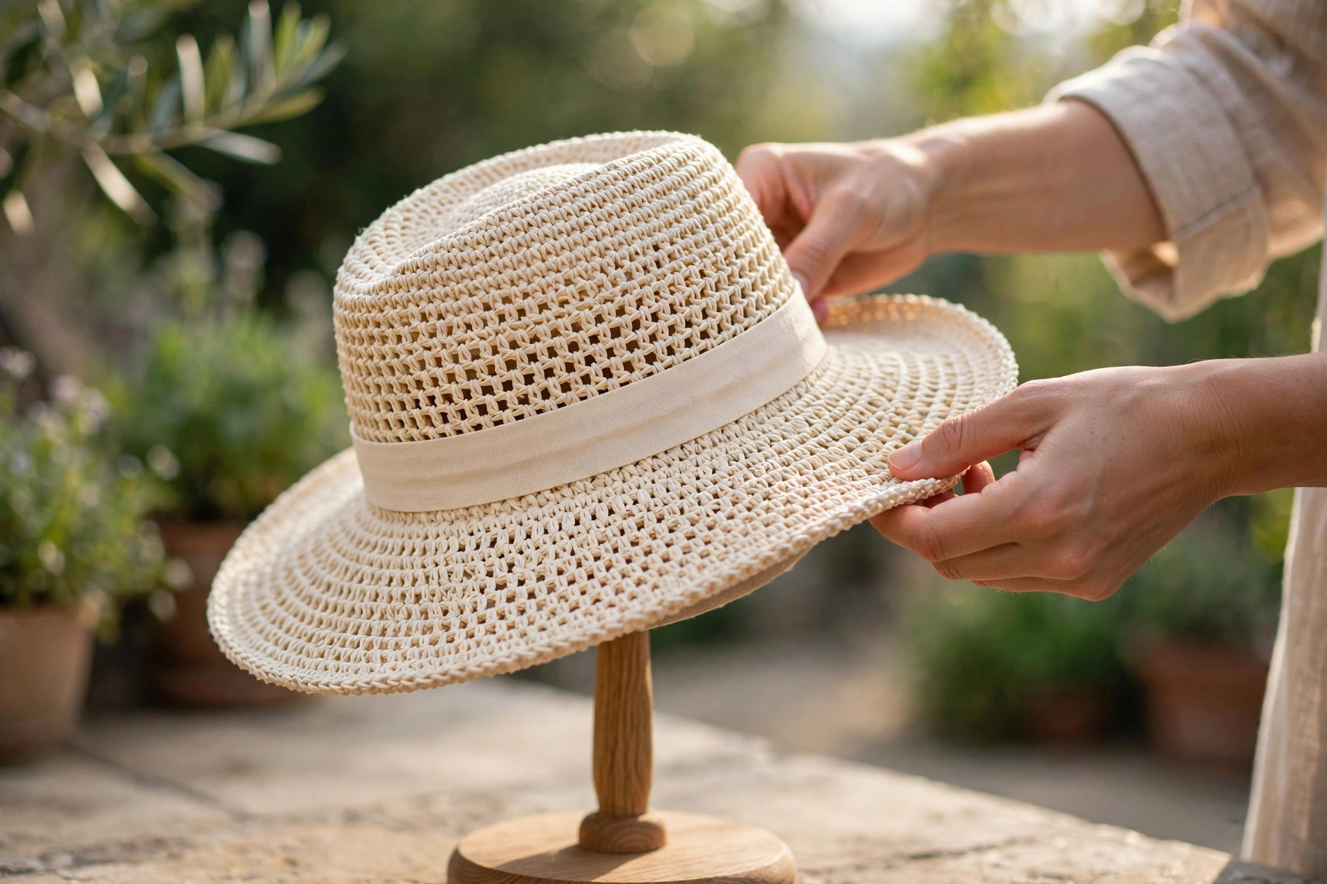 Shaping and finishing the completed panama hat crochet pattern in summer light