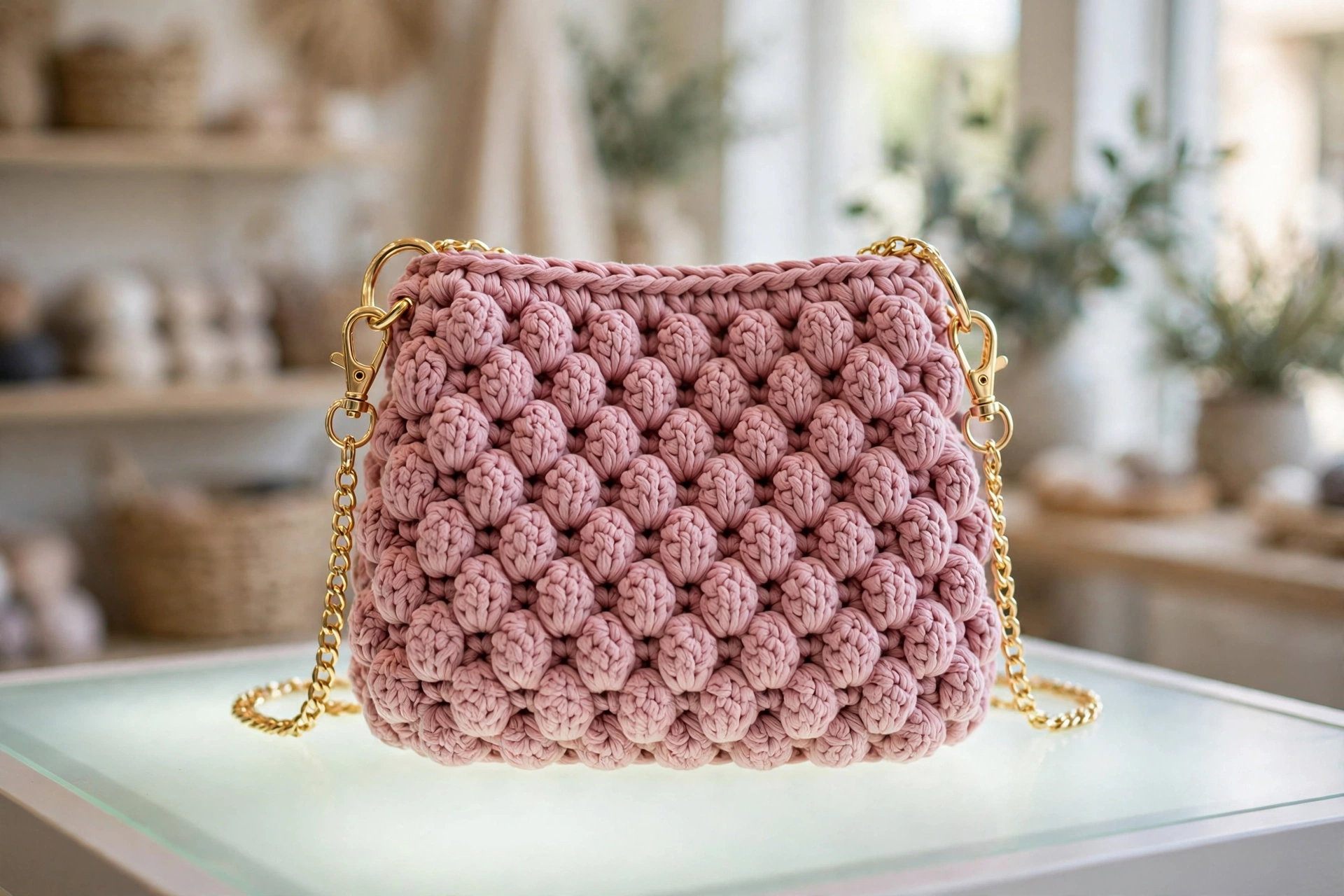 Attaching the gold chain strap to the finished bean stitch purse crochet pattern