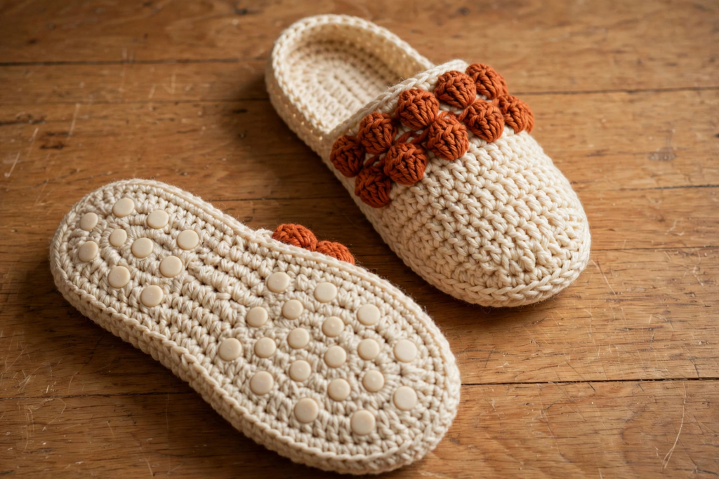 Pair of finished slippers with non-slip sole pads in the braid stitch slippers crochet pattern