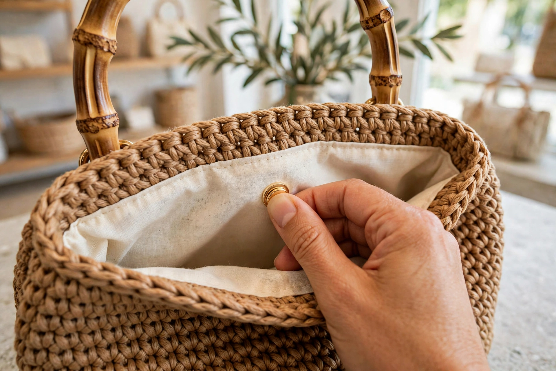 Lining and magnetic snap closure inside the finished elegant crochet handbag pattern