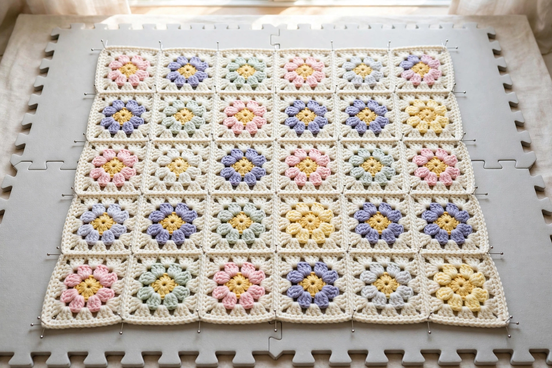 Blocking the finished flowers blanket crochet pattern on foam mats