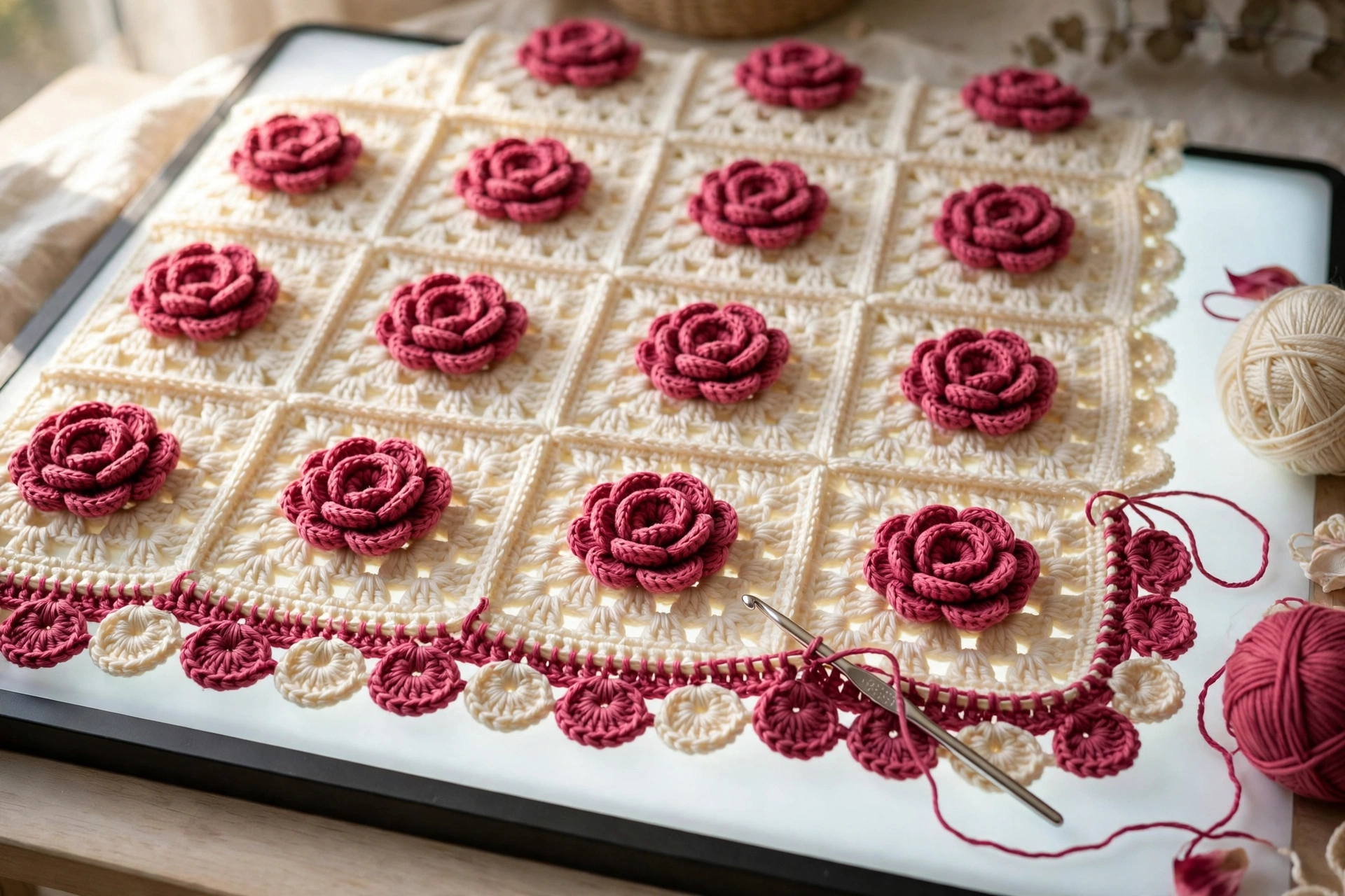 Border rounds being worked around the joined rose square blanket crochet pattern