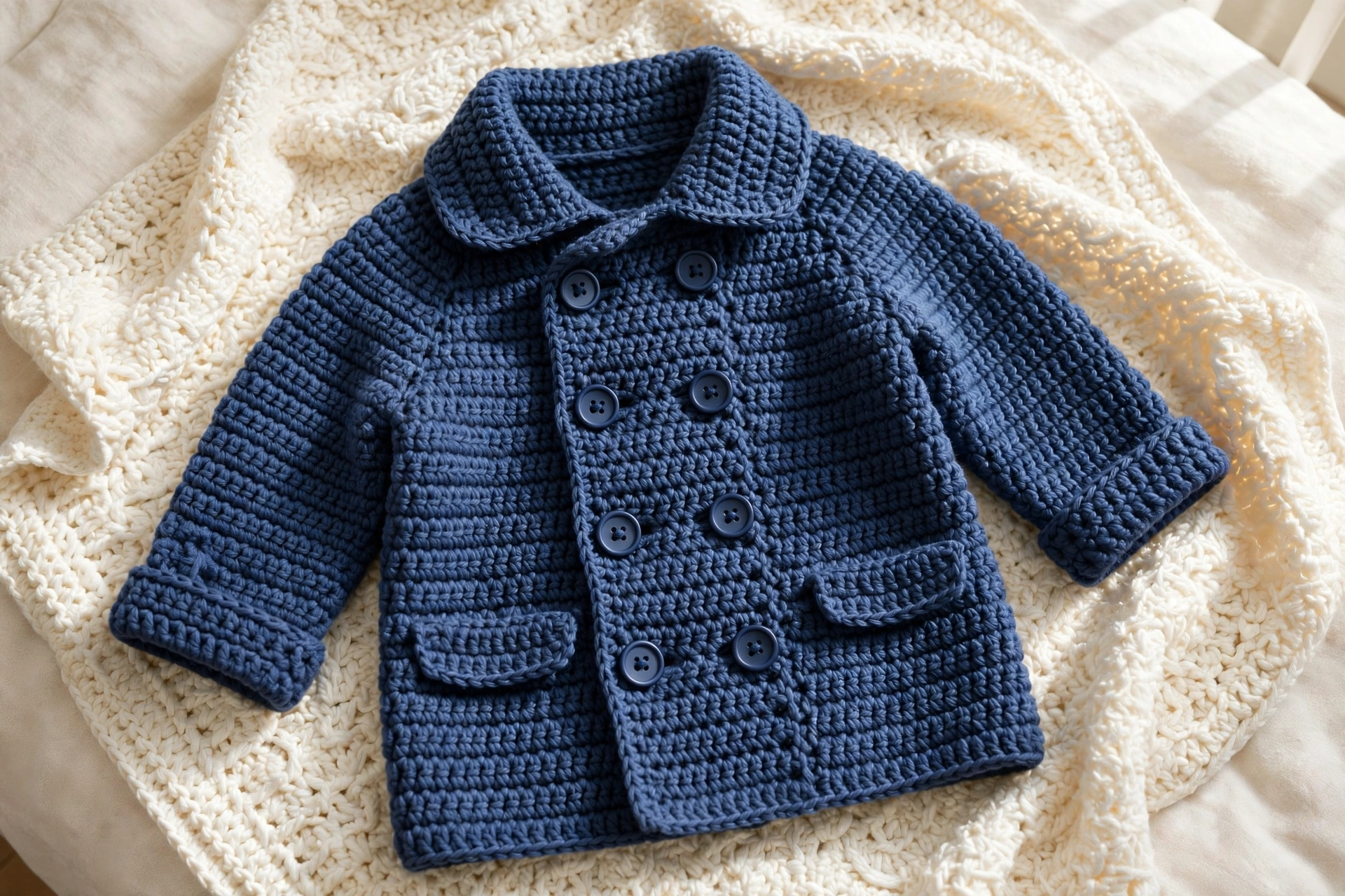 The finished baby peacoat crochet pattern with every button sewn on and fastened